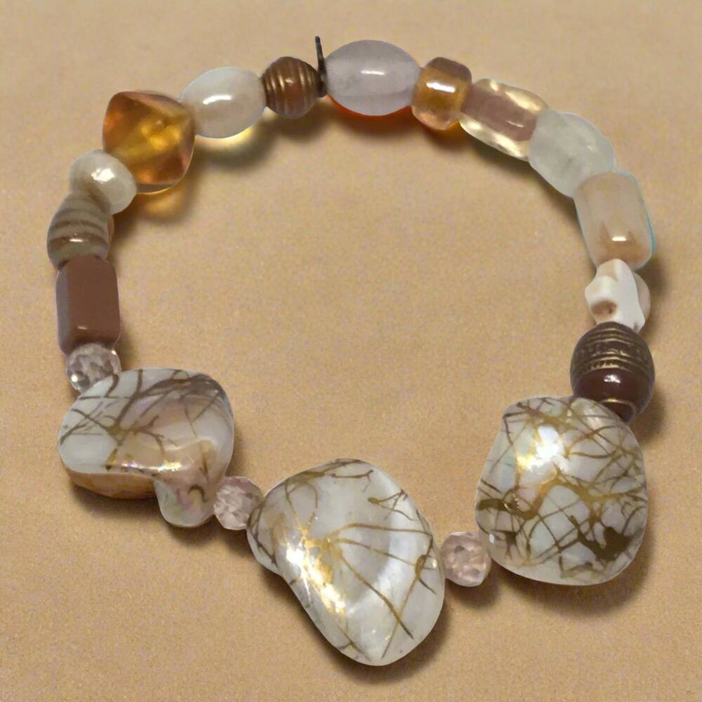 Natural Shell Stone Glass Unique Handcrafted Bracelet Eclectic Gold Brown Tan
